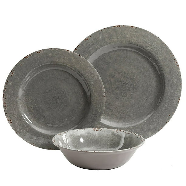Mauna 12 pc Dinnerware Set Grey Crackle Look Decal Melamine
