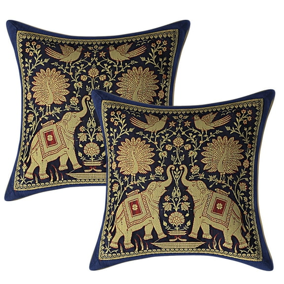 Stylo Culture Ethnic Sofa Throw Pillow Covers 12 x 12 Jacquard Peacock Dark Blue Square 30 x 30 cm Home Decor Brocade Elephant Zippered Cushion Covers | Set Of 2