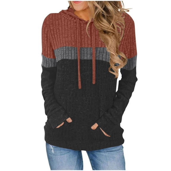 Rib-Knit Hoodies for Women Color Block Hooded Pullover Sweatshirt with Pocket Long Sleeve Drawcord Tops (XL, Watermelon Red)