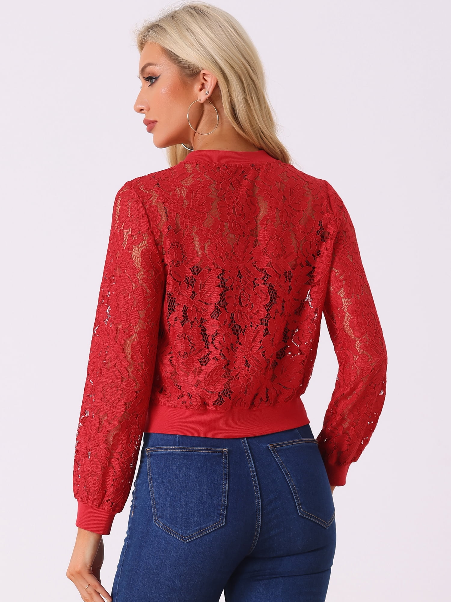 DARING DIVA Women's Lace Jackets Stand Collar Zip Up Gothic Sheer Baseball Jacket M Red