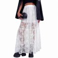 thumbnail image 6 of White Sheer Floral Lace Tiered A-Line Maxi Skirt With Elastic Waist For Women, 6 of 8