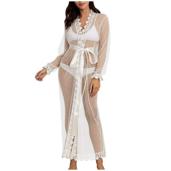 LYXSSBYX Womens Swimsuit Cover up Dress New Women Sexy Contrast Lace Polka Dot Mesh Belted Robe Bikini Blouse Beach Gown