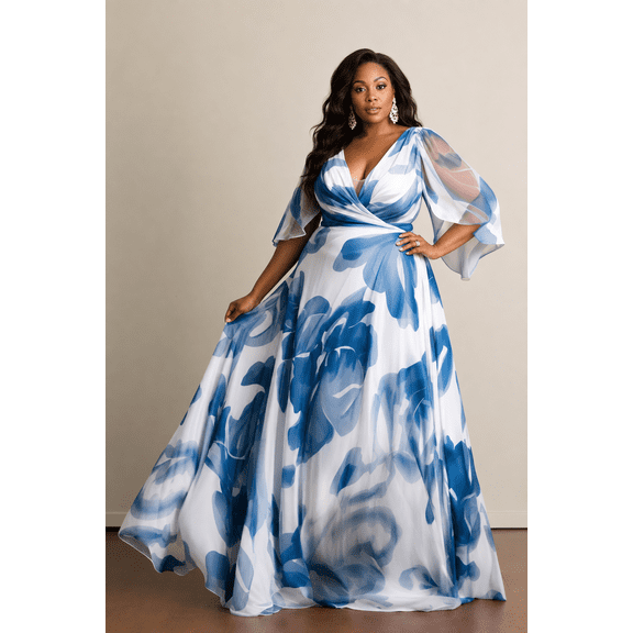 Women's Blue and White Floral Print Chiffon A-Line Maxi Silhouette Evening Gown with Deep V-Neck