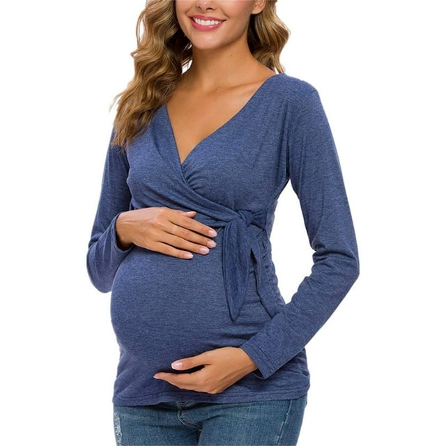 Robe de Maternité Unie à Manches Longues pour Femmes, Blouse d'Allaitement à Encolure