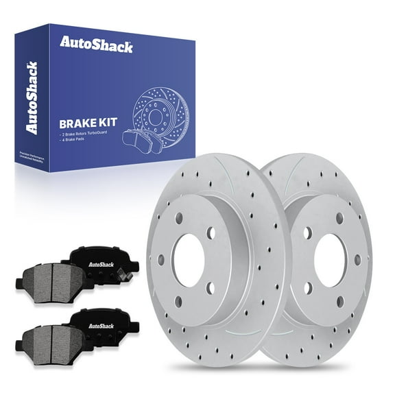 AutoShack 10.62" (269.7 mm) Rear Solid Drilled & Slotted Brake Rotors Coated   Premium Ceramic Brake Pads | Replacement for 2005-2010 Pontiac G6 | Silver Matte Finish | 6-PC Brake Kit | TurboGuard