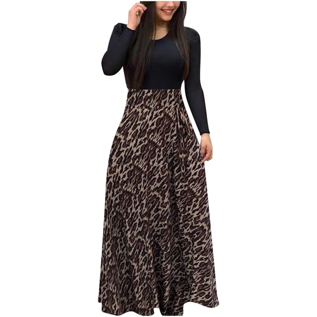 PVCS Robe d'Été Femme Manches Longues Imprimé Floral Décontracté Col Rond Patchwork Robe Maxi