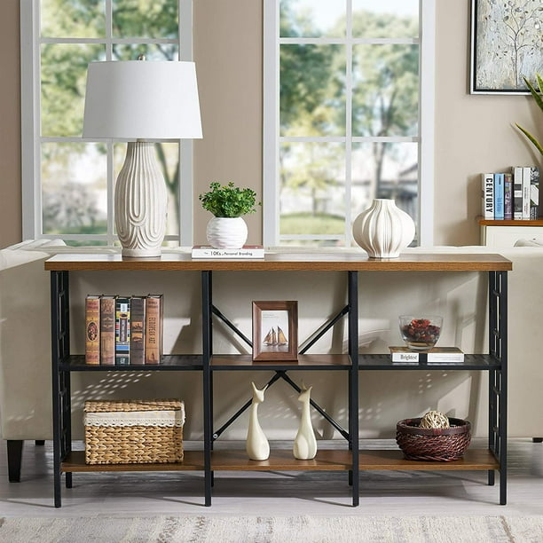 Zcoer 3 Tier Console Sofa Table Industrial Vintage 60 Inch Long Entryway With Open Storage Shelf For Living Room Hallway Retro Brown Com Zcoer 3 Tier Console Sofa Table, 60 Inch Sofa Console Table