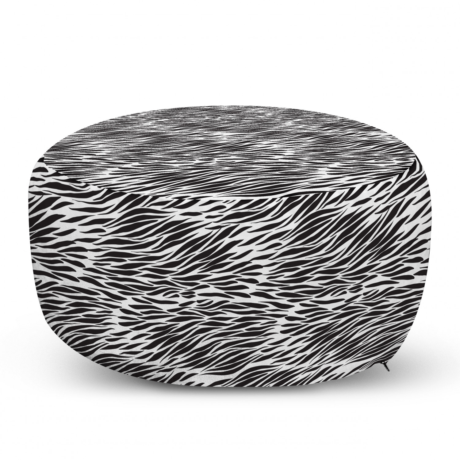 Zebra Print Pouf Cover with Zipper, Black and White Hand Drawn Animal