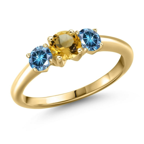 Gem Stone King 10K Yellow Gold Yellow Citrine and Persian Blue Moissanite Engagement Ring for Women | 0.91 Cttw | Round 5MM | Gemstone November Birthstone | Size 9
