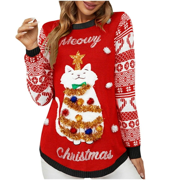 Amzcrzy Chandails de Noël Laids pour Femmes à Manches Longues à Col Rond Chandails Amusants à Imprimé Graphique Chandail Tricoté pour Femmes Chandail de Noël Laid Tendance pour les Fêtes Chandail Ample à Enfiler pour Femmes