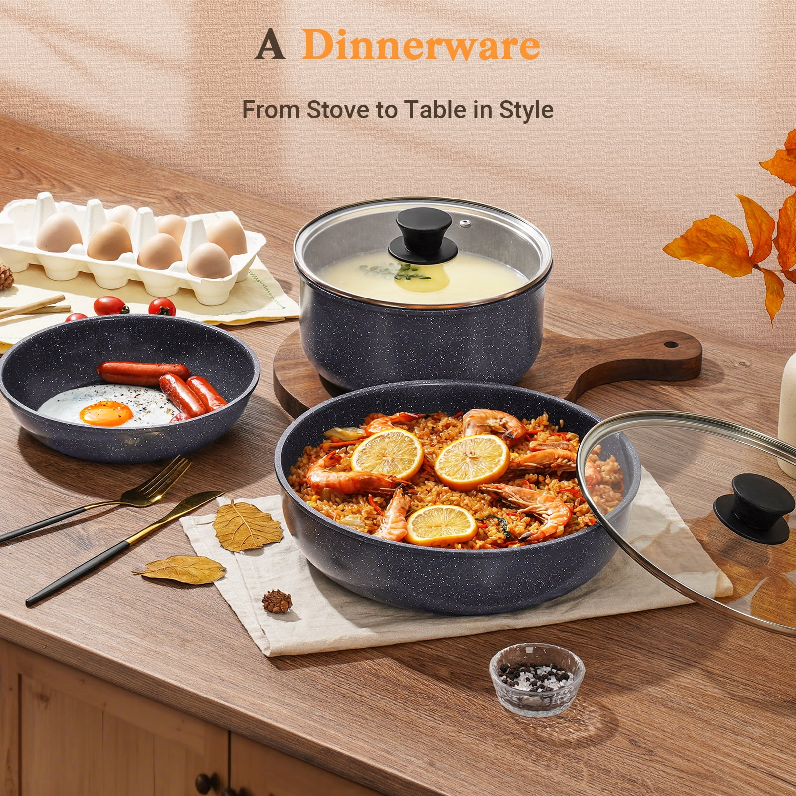 15-Piece Nonstick Cookware Set with Removable Handles, Oven Safe & Induction Compatible - Black Pots and Pans Set Includes Fry Pan, Saucepan