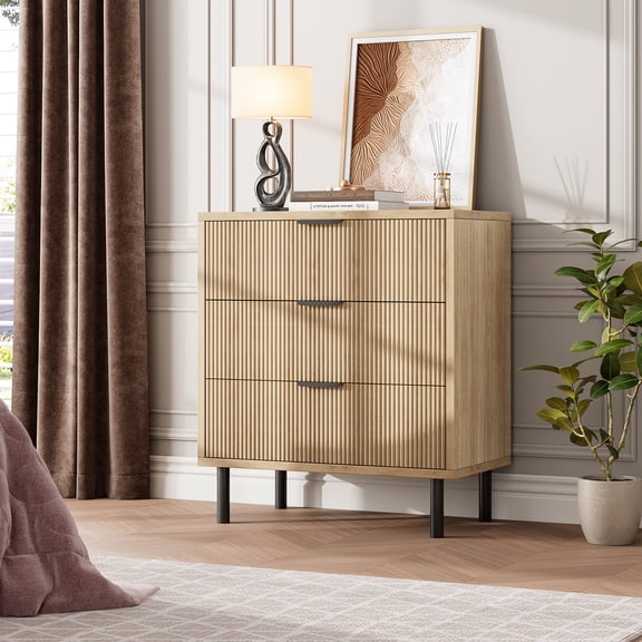 Fluted Dresser with 3 Drawers, 29.9'' Tall Closet Dresser Organizer with Anti-Tipping Device, Wood Chest of Drawers with Storage and Metal Legs for Bedroom, Entryway