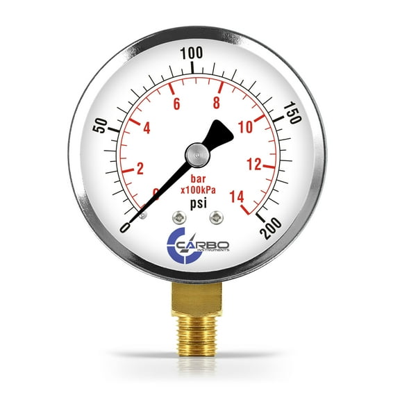 CARBO Instruments 2- 1/2" Pressure Gauge, Chrome Plated Steel Case, Dry, 0-200 psi/kPa, Lower Mount 1/4" NPT