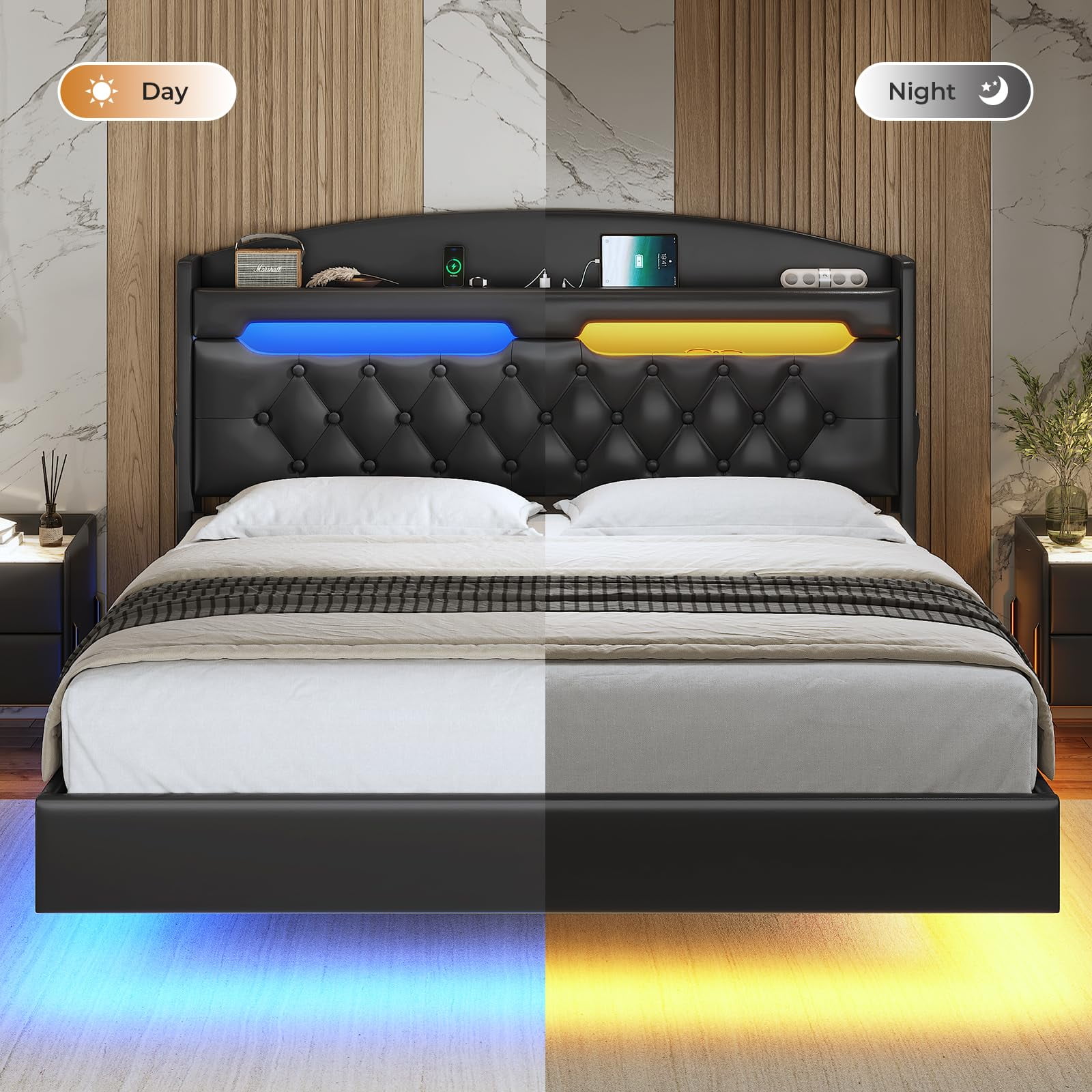 Afuhokles Floating Bed Frame Queen Size with Charging Station, Storage Headboard, LED Upholstered Leather Platform Bed, Black PU
