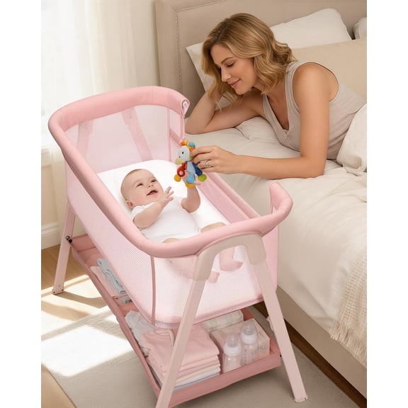 Baby Bassinet Bedside Sleeper for Boys Girls with Mattress, Storage Basket and 4 Auto-Lock Wheels, Full-Mesh Sides,Mini Crib for Newborn,Pink