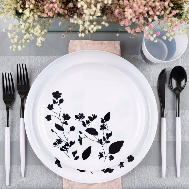 120 PACK) EcoQuality 6 inch Round White Plastic Plates with Black Garden  Design - Disposable China Like Party Plates, Small Heavy Duty Dessert Plates,  Salad Plate, Dinner, Wedding, Serveware 