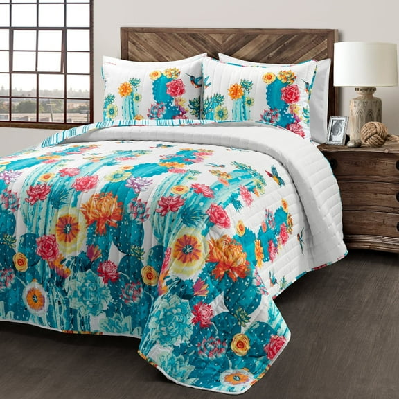 Lush Decor Southwest Vibrant Cactus Reversible Oversized Quilt Turquoise/Orange 3Pc Set Full/Queen