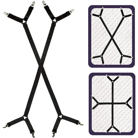 Bed Sheet Straps, 2 Pack Fitted Bed Sheet Fasteners Clips Adjustable Crisscross Bed Sheet Holder Straps for Corners Mattress Sheet Suspenders Grippers Bedding Accessories, Black