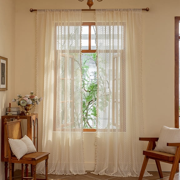 2 pack Boho Crochet Curtains with Tassel 55 Inch Length 2 Panel Sets Vintage Pattern Lace Sheer Drapes Rod Pocket Privacy Cottage Curtains for Bedroom Living Room Window