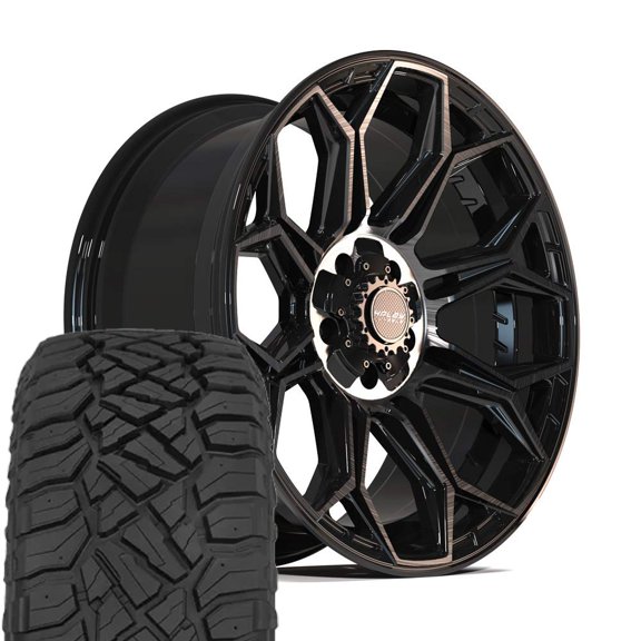 4PLAY Wheels 4P83 20 Inch Rims and Tires Fit 5x127 & 5x139.7 20x9 Gloss Black Brushed with Tinted Clear - TerraMax RT 275/55-20 (Set of 4)