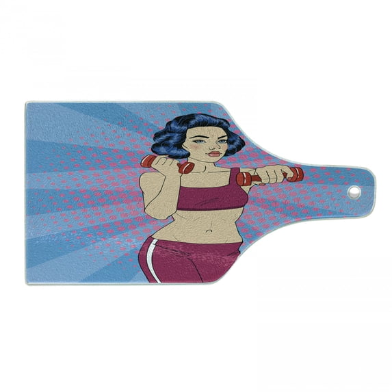 Fitness Cutting Board, Pop Art Woman Doing Exercises with Dumbbells Healthcare Vitality Retro Style, Decorative Tempered Glass Cutting and Serving Board, Wine Bottle Shape, Multicolor, by Ambesonne