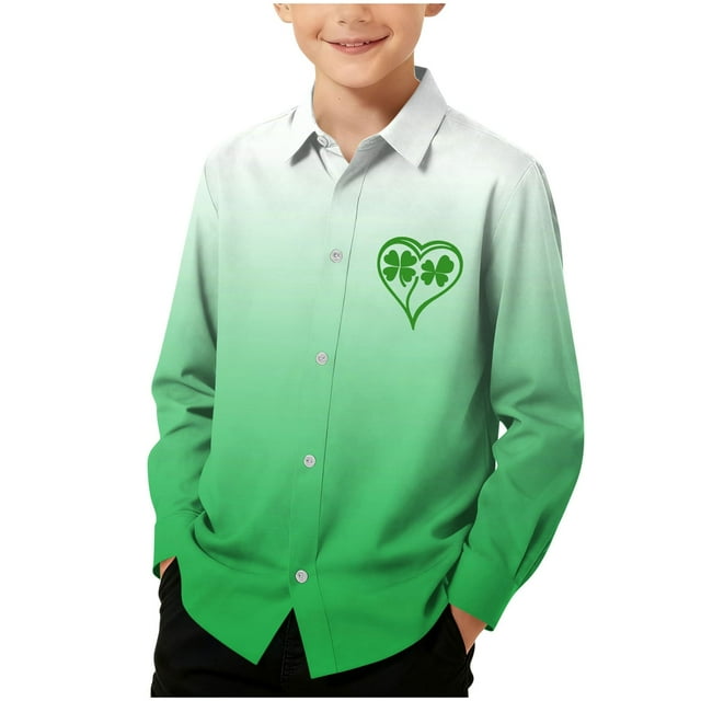 RXMEKW Chemise à Manches Longues Imprimée pour la Saint-Patrick pour Garçons avec Col Rabattu, 95 % Coton 5 % Spandex, Vert