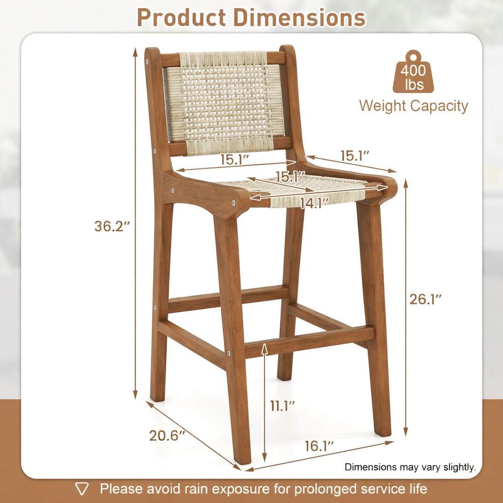 Hommoo Outdoor Counter Height Bar Stool, Teak Wood Frame with Hand-Woven Natural Rattan Seat, 26" Seat Height, Rustic Boho Patio & Kitchen Island Chair, Natural