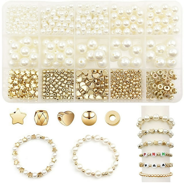 Ensemble de 15 Compartiments 720 Pcs Perles Intercalaires Assorties Perles Bracelet Perles Rondes Perles Étoiles Perles Dorées pour Fabrication de Bijoux Bracelet