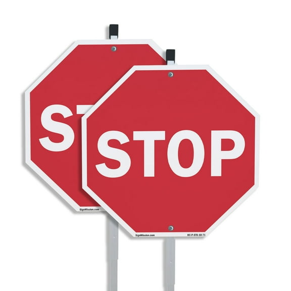 Stop (2 Pack) 10 inch X 10 inch Octagon Plastic Signs with Aluminum Mounting Stakes Weather Resistant UV Protected for Workplace Private Property and Construction Site Made in the USA