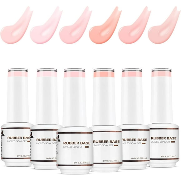 TRAHOO-4 In 1 Rubber Base Gel Set For Nails, Hema-free,Cruetly-free,Vegan, Nude Rose Pink Sheer Color Gel Nail Polish UV LED Soak Off, Elastic Rubber Nail Strengthen Enhance Base Coat 6pcs x 8ml-Kit