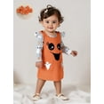 thumbnail image 6 of Loicainy Infant Baby Girl Halloween Outfit 3 6 12 18 Months Pumpkin Ruffle Long Sleeve Romper Overall Dress Headband 3 Piece Clothes Set, 6 of 8