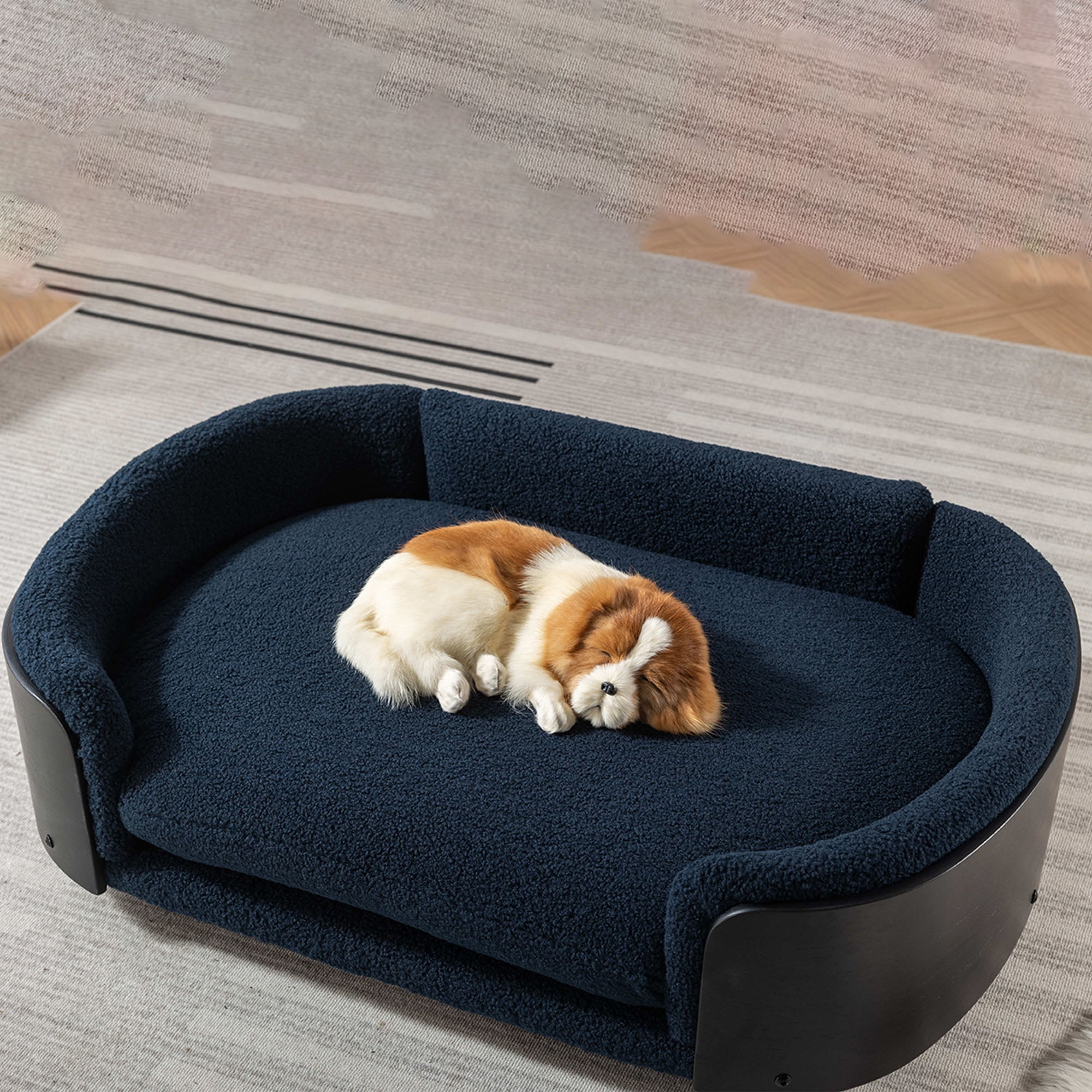 Pefilos 38" Elevated Pet Dog Bed with Solid Wood Legs and Black Bent Wood Back, Cashmere Cushion, Pet Sofa for Indoors Dogs, Dark Blue Pefilos 38" Elevated Pet Dog Bed with Solid Wood Legs and Black Bent Wood Back, Cashmere Cushion, Pet Sofa for Indoors Dogs, Dark Blue
