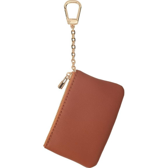 Mini Leather Coin Purse Brown 182mm Small Wallet Pouch with Keychain for Women Men Cash Card Holder Brown