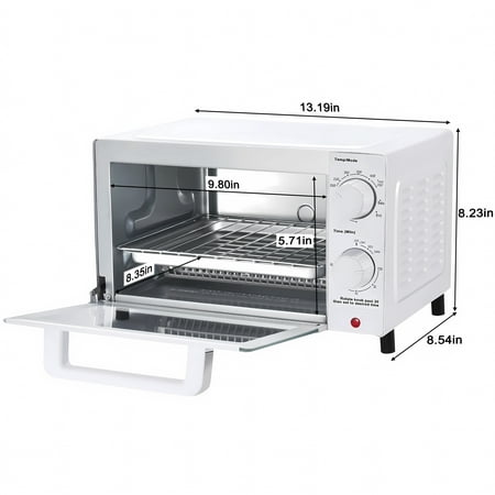 Mainstays 4 Slice Countertop Toaster Oven with 3 Settings, Includes Baking Rack and Pan, Arctic White, New