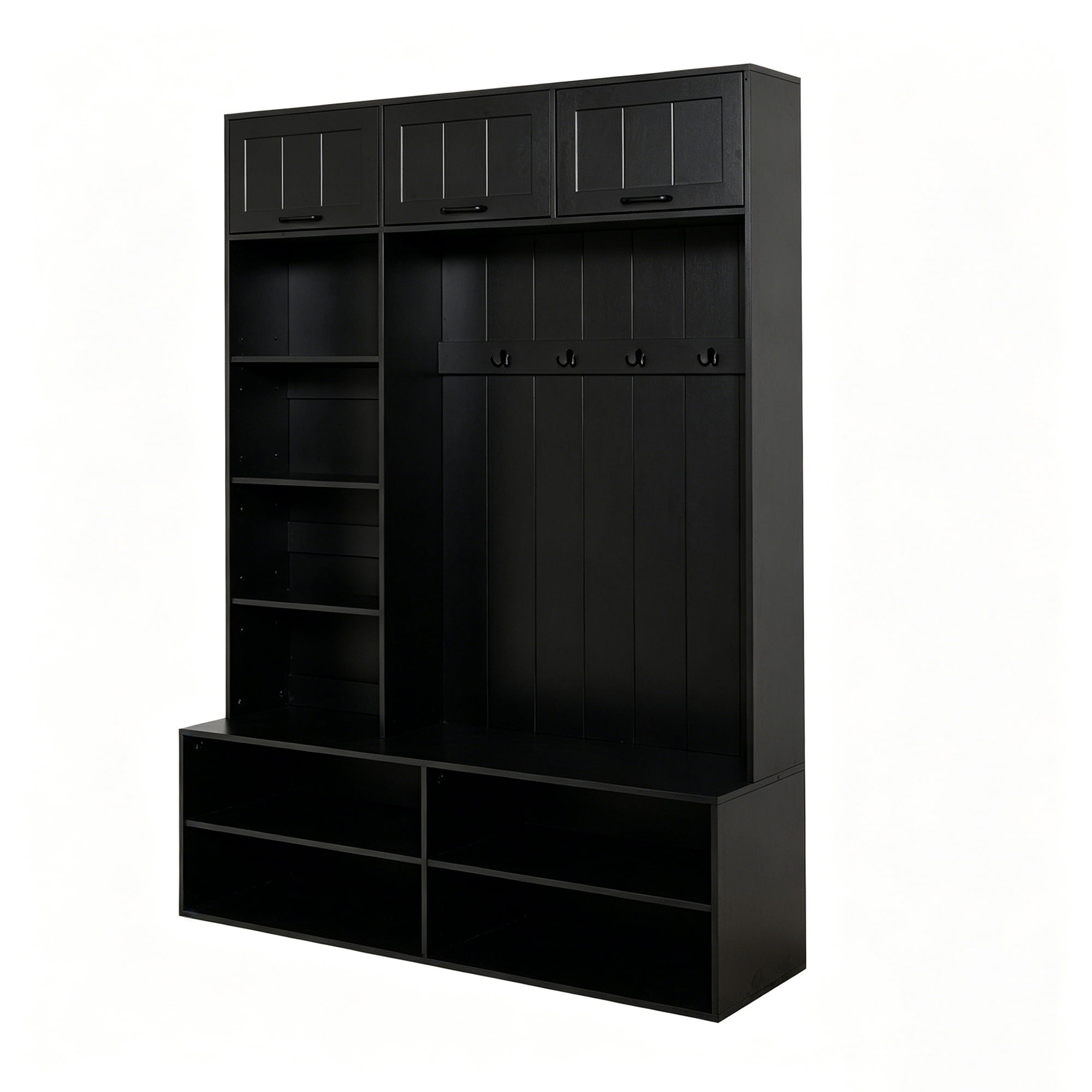 Leumius Hall Tree with Bench and Shoe Storage,76.9''H 5-in-1 Farmhouse Entryway Bench with Coat Racks,Tall Entryway Storage Organizer Cabinet with 4 Hooks for Hallway, Entryway, Living Room,Black