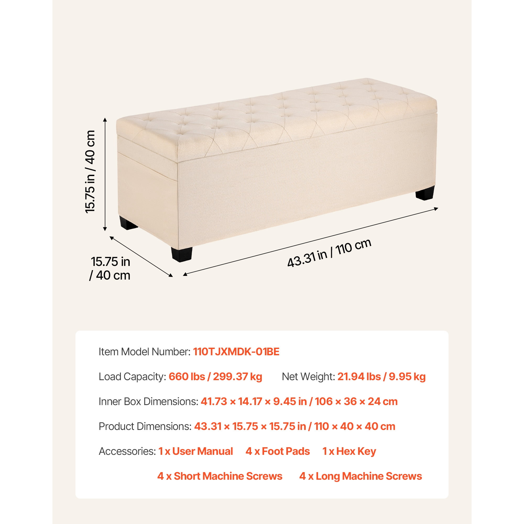 Aukfa 43" Storage Ottoman Bench with Gold Legs, Linen End of Bed Bench for Bedroom & Entryway,Beige