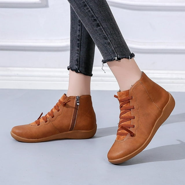 LSLJS Bottes Rétro Décontractées Plates à Lacets pour Femmes, Fermeture Éclair Latérale, Bout Rond, Bottes Chaussures, Bottines et Bottillons pour Femmes, Bottes pour Femmes