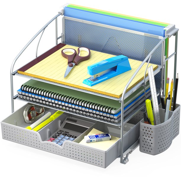 SHW Desk 3 Tray and Hanging File Holder Organizer, Silver