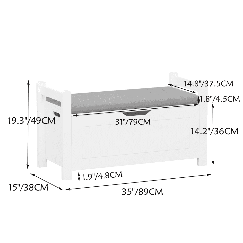 IVV 35"W Storage Chest, Wooden Storage Bench with Seating Cushion, Lift Top Toy Chest with Safety Hinges, Entryway Shoes Bench for Living Room, Bedroom, White