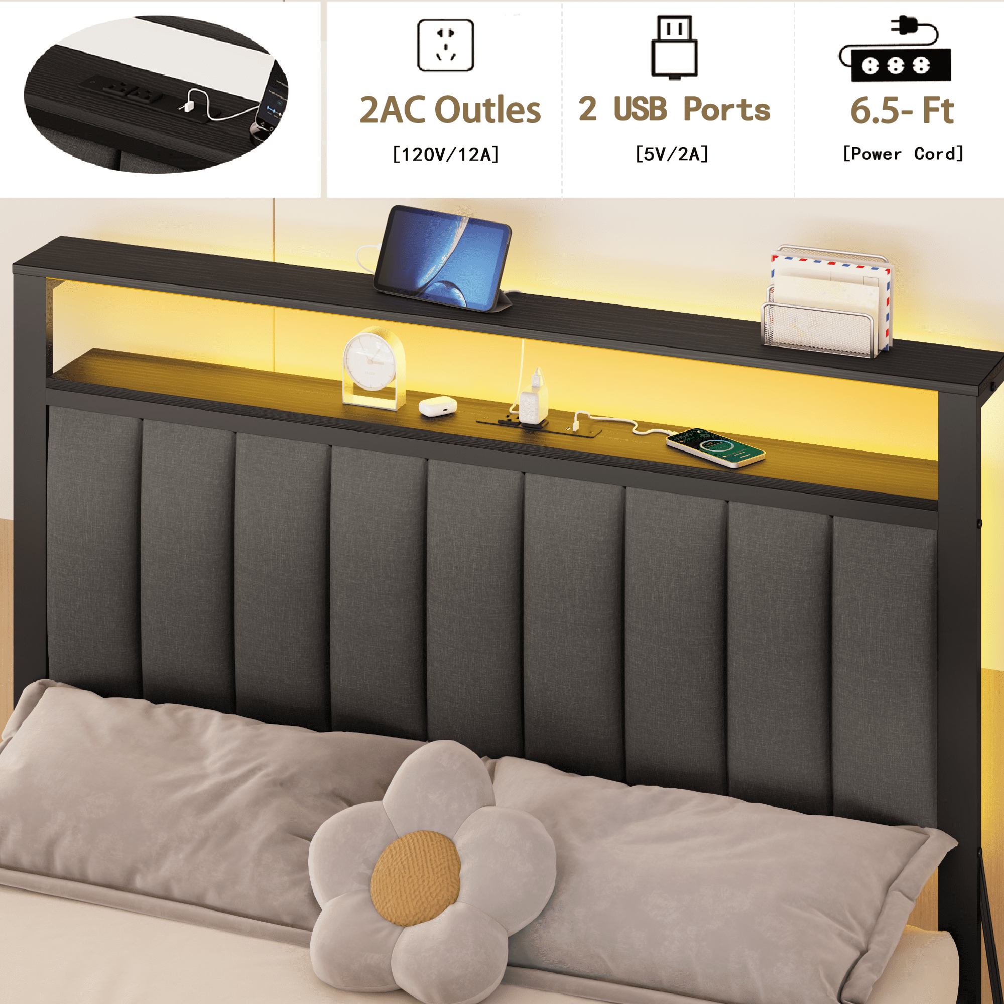 Tydimor Electric Full Size Platforrm Bed Frames with Charging Station, LED Standard Storage Space Bed for Bedroom, No Box Spring Needed