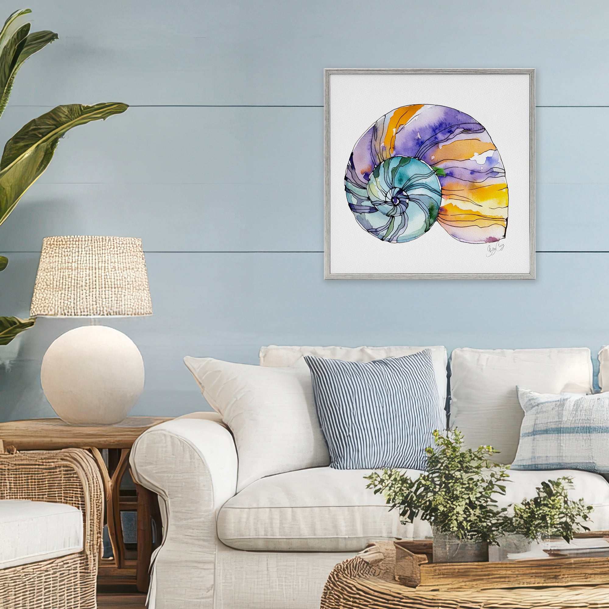 Stupell Industries Sunlit Striped Nautilus Gray Framed Giclee Art, design by Shelly Craig