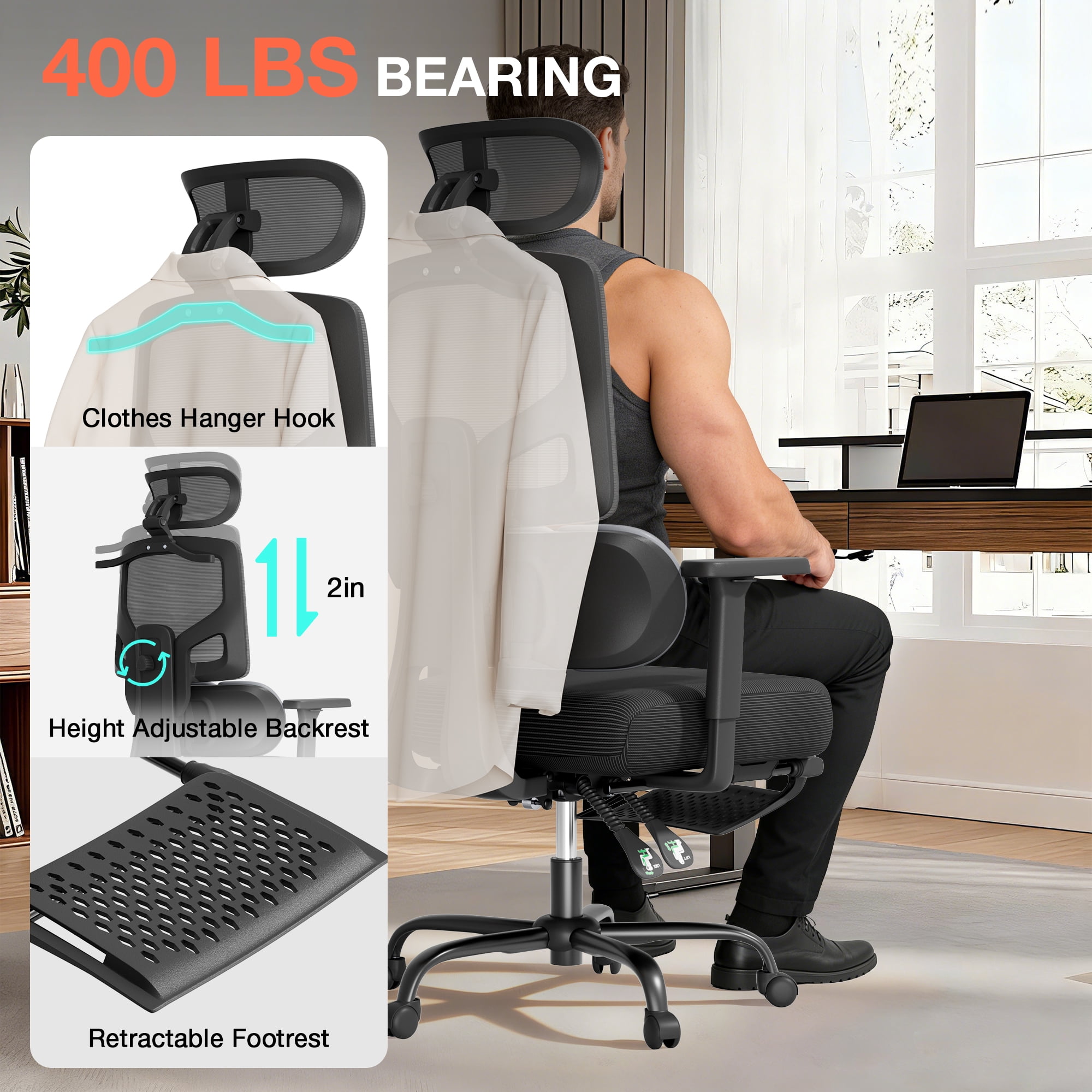 Mr IRONSTONE Ergonomic Office Chair with Footrest, Heavy Duty 400lbs Mesh Desk Chair with 3-Zone Lumbar Support, 145 Degree Reclining Computer Chair with Multi-Axis Armrests, Black
