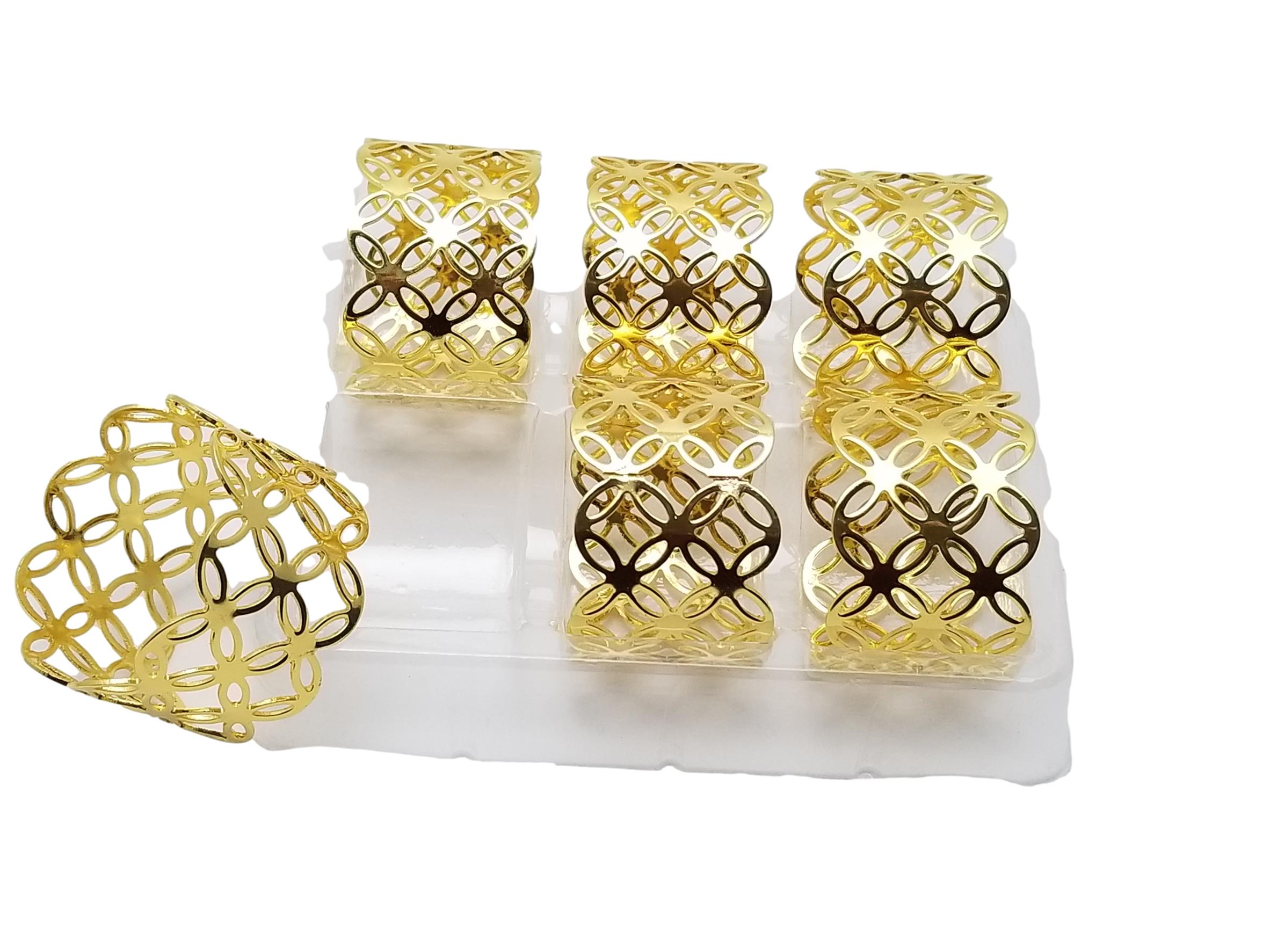 Gold Metal Napkin Rings Diamond/Circle Design 6 pieces 1.75 inch in