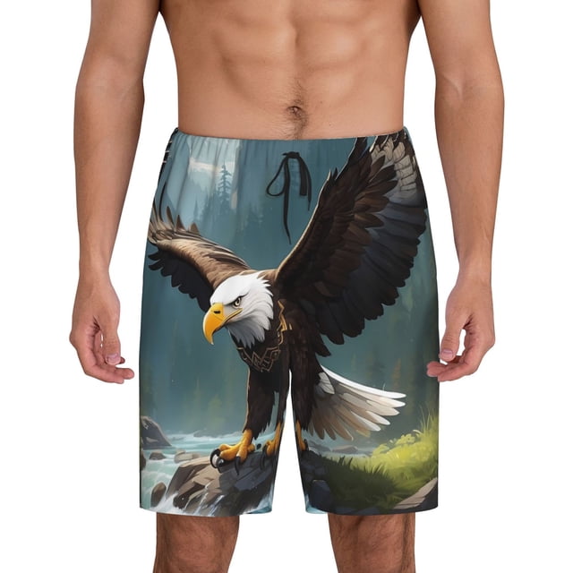Fotbe Forest River Bald Eagle Pantalones Cortos de Pijama para Hombre, Ropa de Dormir, Pantalones de Pijama Cortos para Hombre-Small