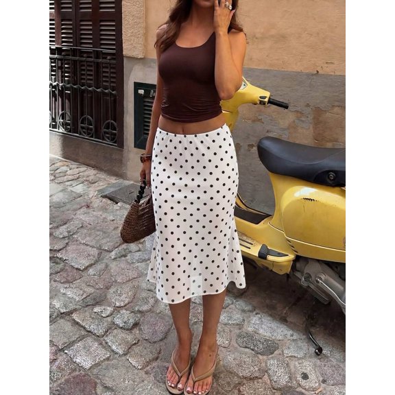 White Polka Dot Sheer Fish Tail Skirt With Ruffled Hem, Retro French Style Slimming Midi Skirt