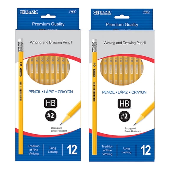 BAZIC #2 HB Premium Wood Pencils, Latex Free Eraser, (12/Pack), 2-Packs