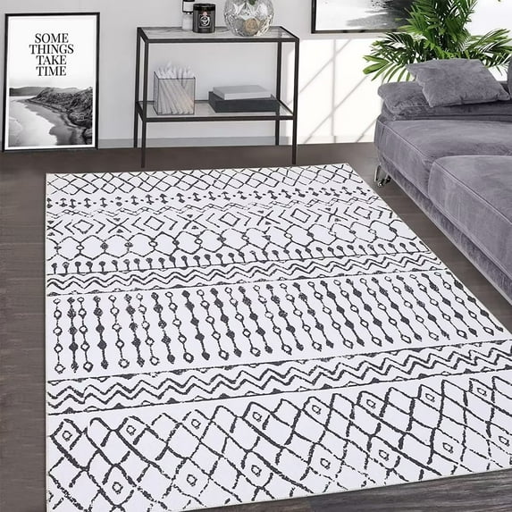 Haperlare Boho Chic Area Rug Tribal Southwestern Low-Pile Rug Non-Shedding Large Rugs for Living Room Bedroom Dining Casual Area Rug, 8'x10', Black/White