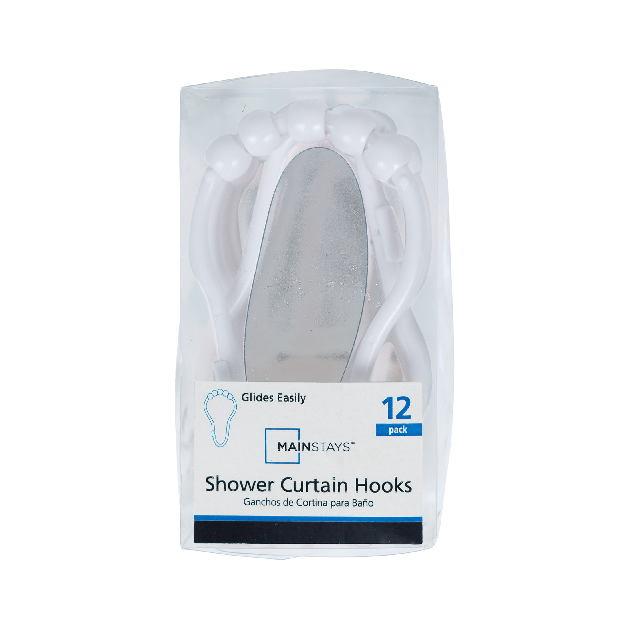Mainstays Shower Curtain Rollerball Hooks, Easy Gliding, White, Set of 12