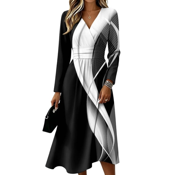 Womens Fall Casual Maxi Dresses Floral Long Sleeve V Neck Dresses High Waist A-Line Swing Sundress