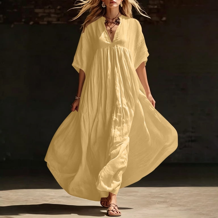 light yellow boho dress Miluxas Women's Beach V Neck Batwing Sleeve A Line Loose Flowy Maxi Dress Lightweight Textured Summer Sundress Vacation Outfit Yellow, Size Size:35L x 30.5 Sunset Cliffs Intimate Wedding A thigh LowStock:44088544755763